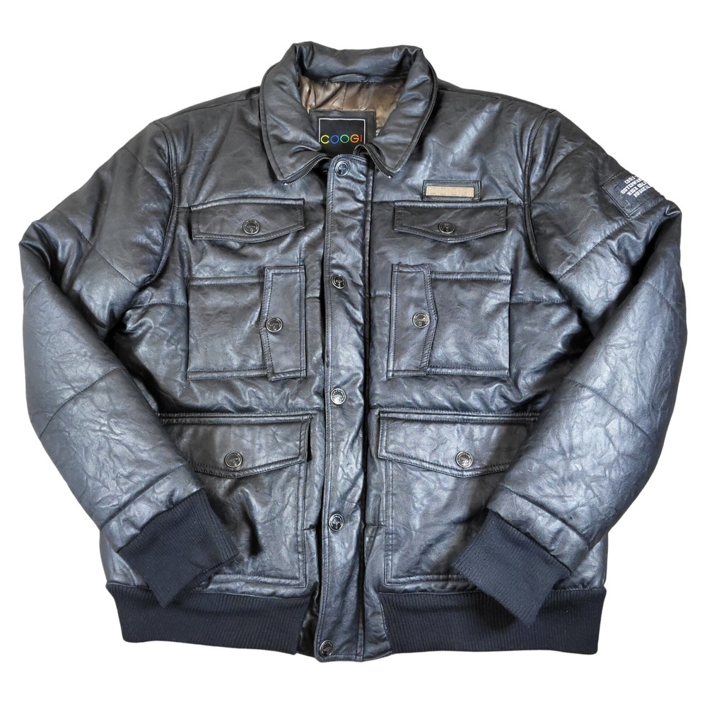 COOGI CG69 Black Faux Leather Puffer Jacket Outerwear Division High Quality‎ XL